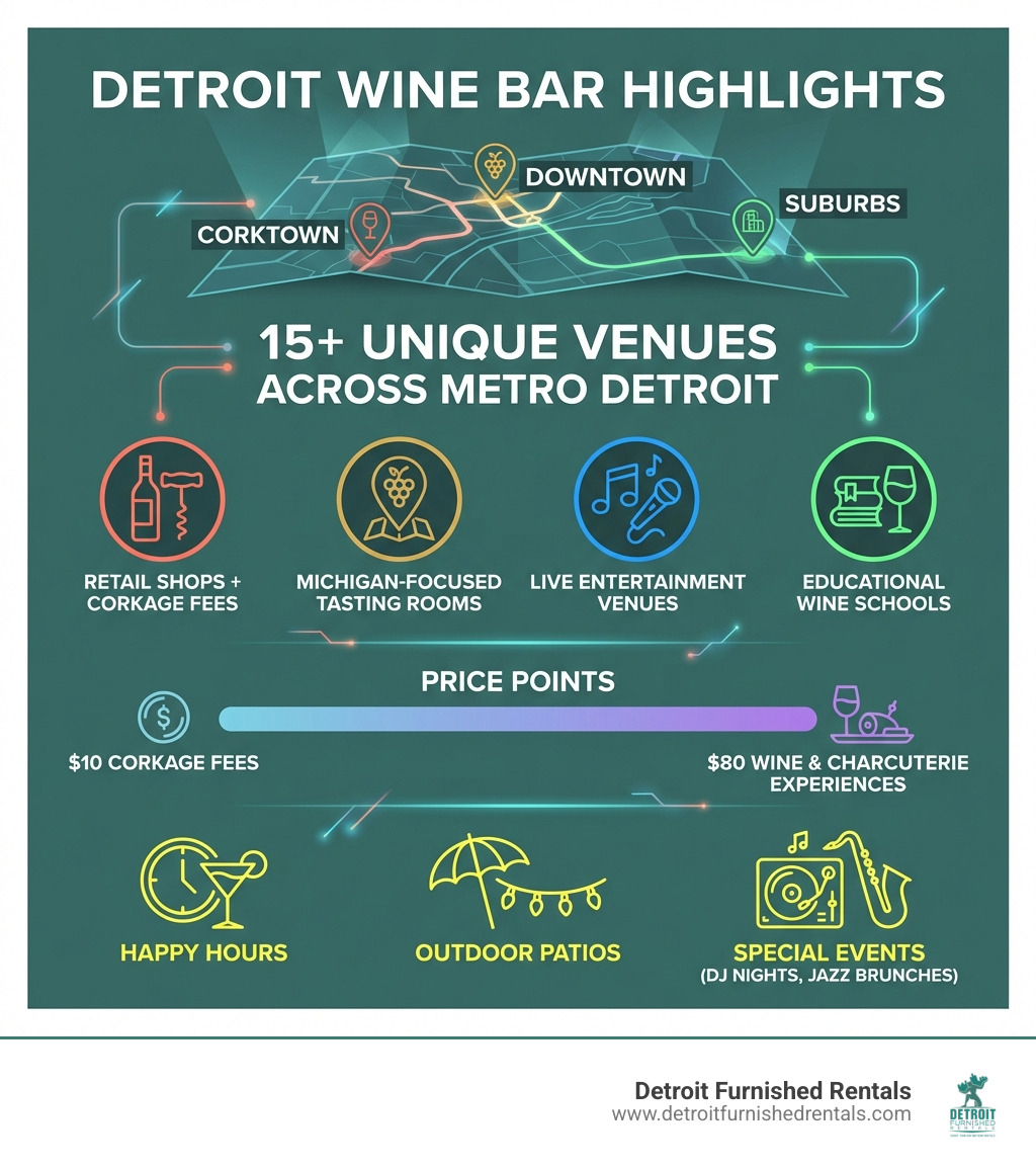 Infographic showing Detroit wine bar highlights: 15+ unique venues across metro Detroit, from Corktown to Downtown to suburbs; options include retail shops with corkage fees, Michigan-focused tasting rooms, live entertainment venues, and educational wine schools; price points range from $10 corkage fees to $80 wine and charcuterie experiences; many offer happy hours, outdoor patios, and special events like DJ nights and jazz brunches - Detroit wine bars infographic 
