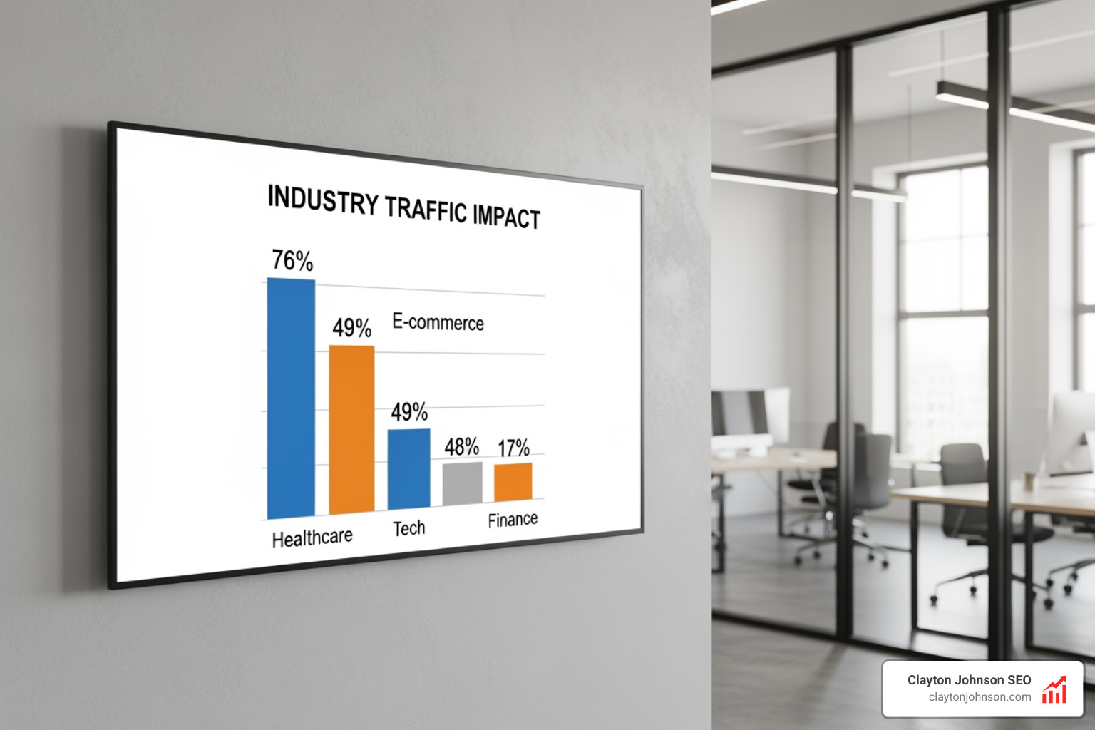 Chart showing industry-specific traffic impact: Healthcare 76%, E-commerce 49%, Tech 48%, Finance 17% - how ai affects organic traffic Chart showing industry-specific traffic impact: Healthcare 76%, E-commerce 49%, Tech 48%, Finance 17% - how ai affects organic traffic