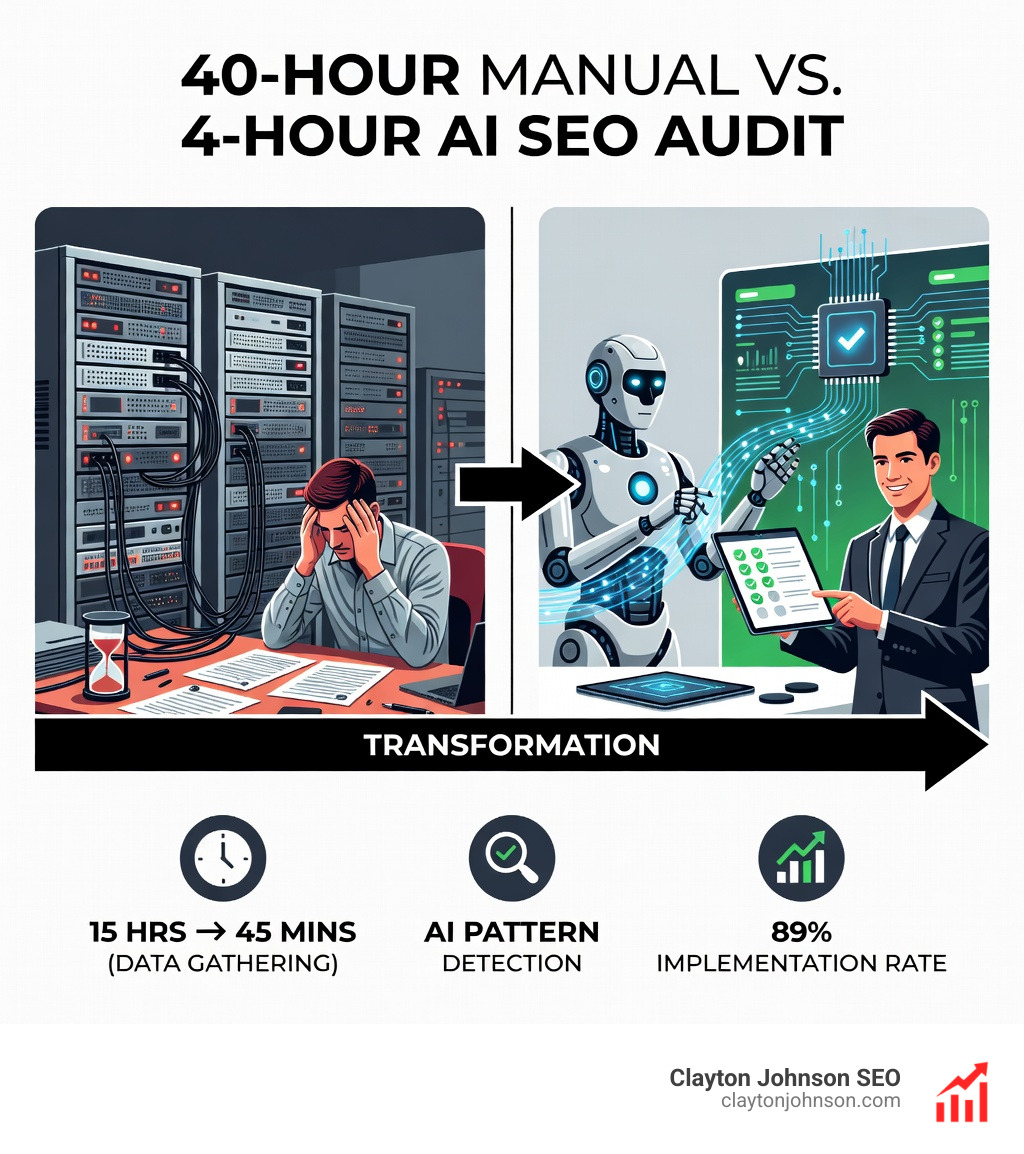 Infographic comparing 40 hour manual audit vs 4 hour AI audit showing 15 hours of data gathering reduced to 45 minutes - what ai handles seo audits infographic 