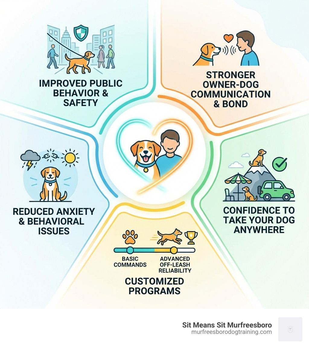 Infographic showing the core benefits of professional dog obedience training: improved public behavior and safety, stronger owner-dog communication and bond, reduced anxiety and behavioral issues, ability to take your dog anywhere with confidence, and customized programs addressing basic commands through advanced off-leash reliability - dog obedience training murfreesboro tn infographic 