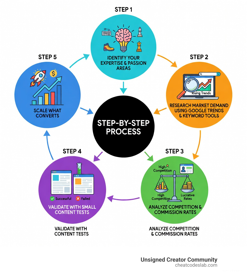 Step-by-step process for selecting profitable affiliate niches: 1. Identify your expertise and passion areas, 2. Research market demand using Google Trends and keyword tools, 3. Analyze competition and commission rates, 4. Validate with small content tests, 5. Scale what converts - Affiliate niche ideas infographic 