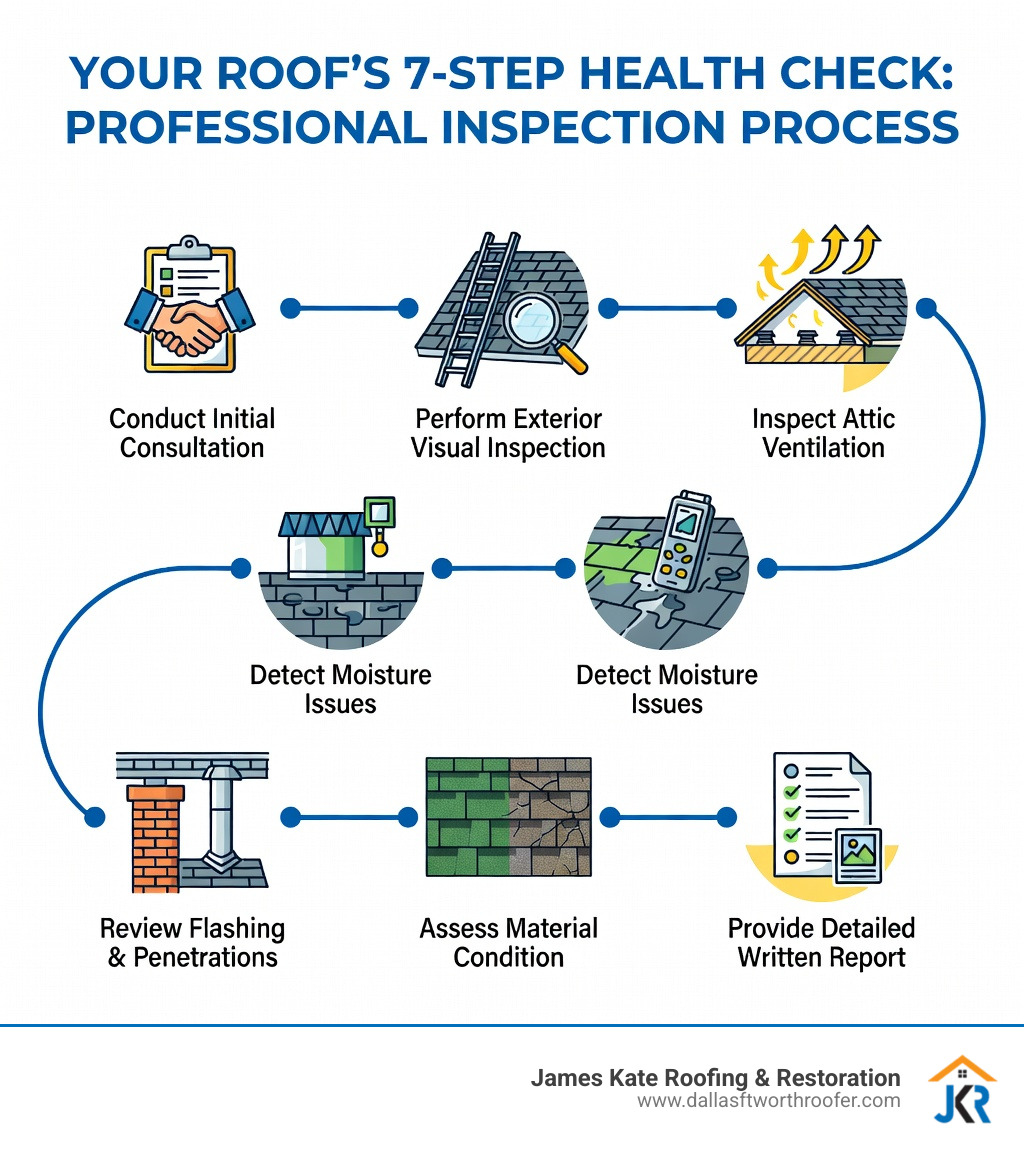 infographic showing the 7-step professional roof inspection process including initial consultation, exterior visual inspection, attic ventilation check, moisture detection, flashing and penetration review, material condition assessment, and detailed written report with photos and recommendations - Bedford roofing company infographic infographic showing the 7-step professional roof inspection process including initial consultation, exterior visual inspection, attic ventilation check, moisture detection, flashing and penetration review, material condition assessment, and detailed written report with photos and recommendations - Bedford roofing company infographic