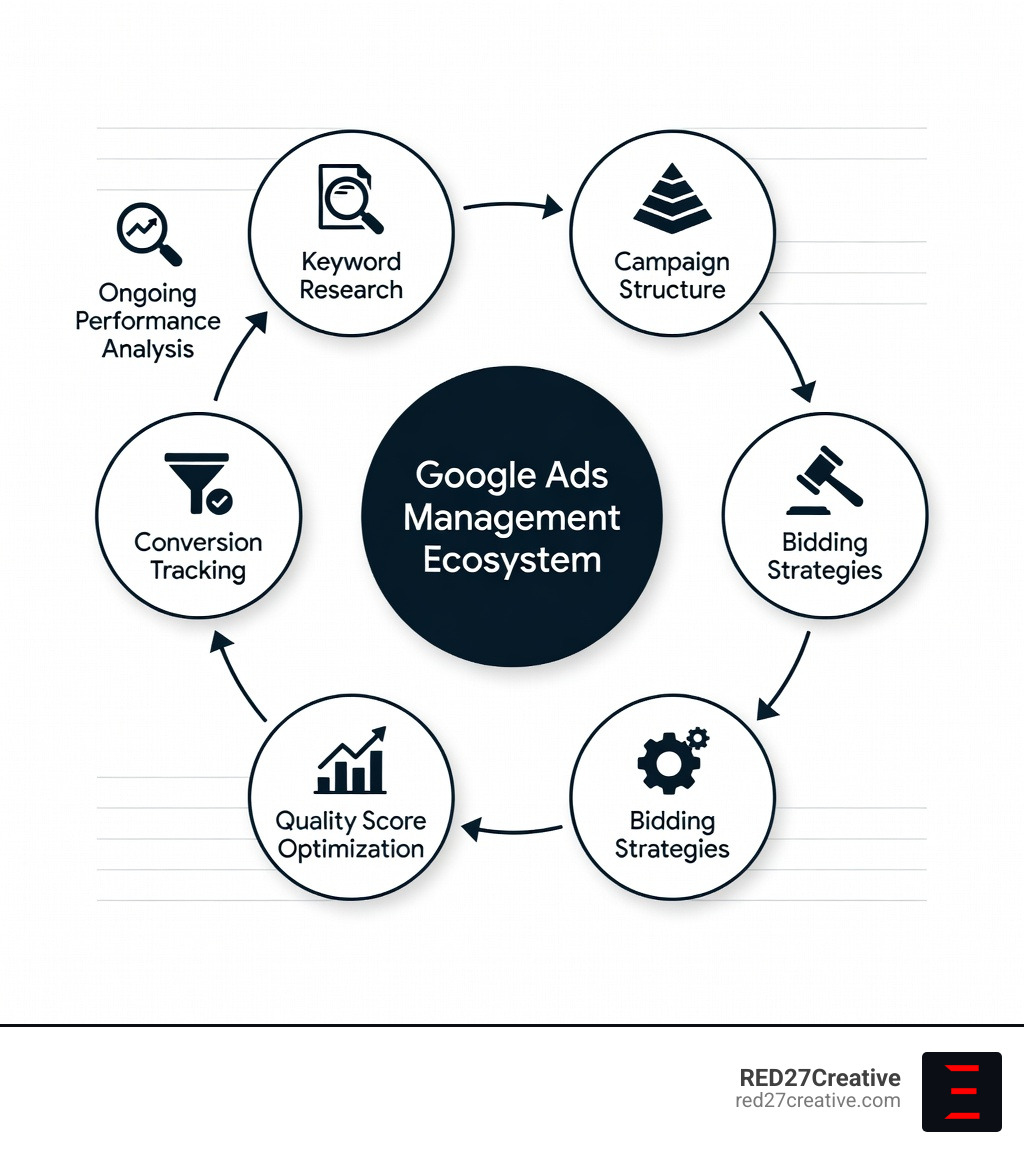 Infographic showing the Google Ads management ecosystem: keyword research feeds into campaign structure, which connects to bidding strategies and Quality Score optimization, leading to conversion tracking and ongoing performance analysis - Google Ads management infographic Infographic showing the Google Ads management ecosystem: keyword research feeds into campaign structure, which connects to bidding strategies and Quality Score optimization, leading to conversion tracking and ongoing performance analysis - Google Ads management infographic