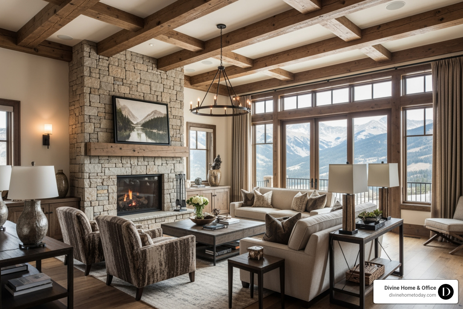 Luxury Colorado mountain living room with stone fireplace, timber beams, and floor-to-ceiling windows with mountain views - denver custom interior design Luxury Colorado mountain living room with stone fireplace, timber beams, and floor-to-ceiling windows with mountain views - denver custom interior design