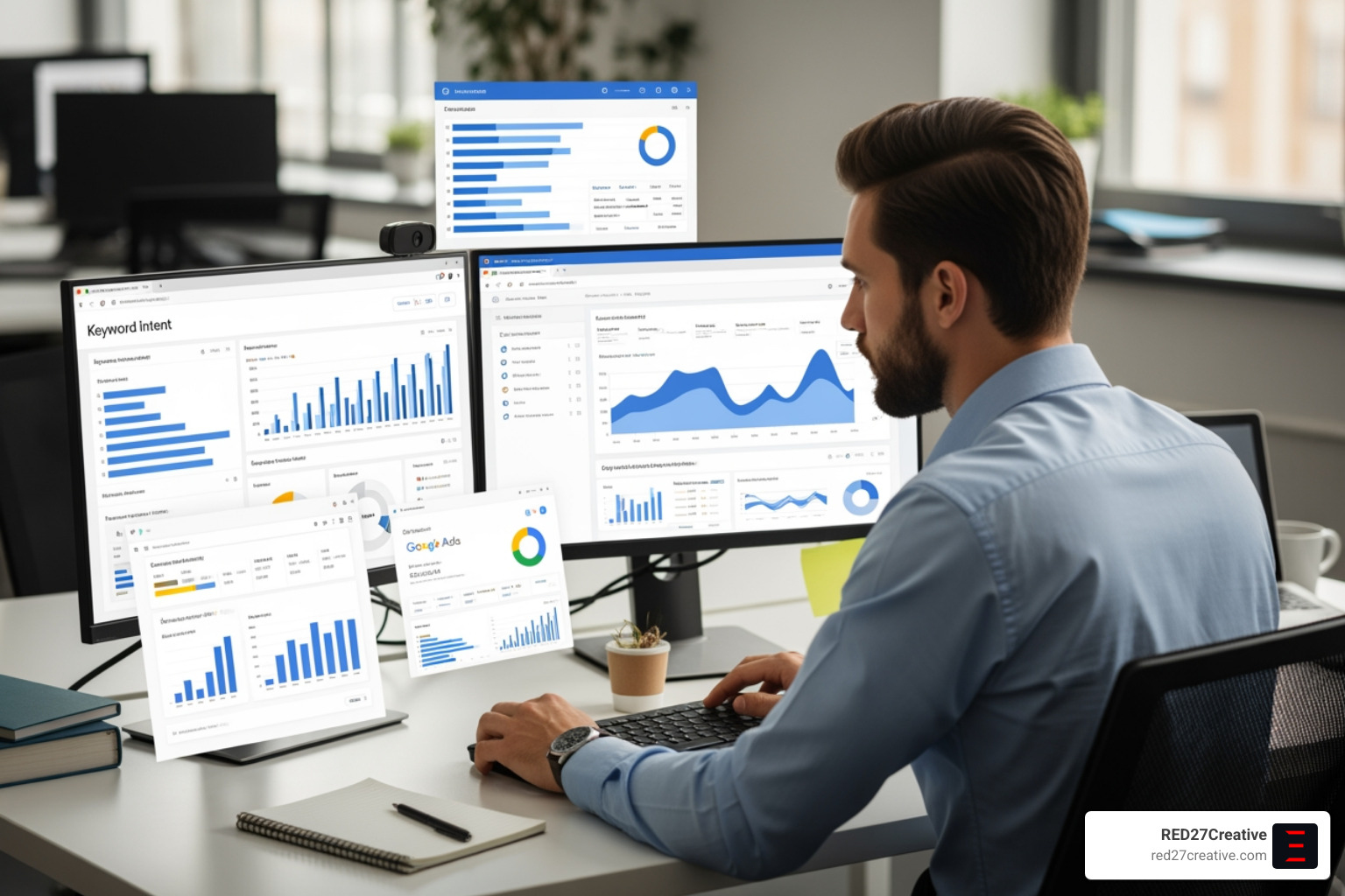 A digital marketer analyzing keyword intent and search volume data on a dual-monitor setup - Google Ads management A digital marketer analyzing keyword intent and search volume data on a dual-monitor setup - Google Ads management