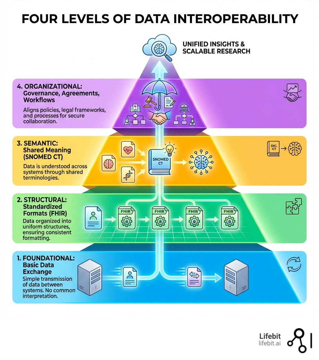 Infographic showing the four levels of data interoperability: Foundational (basic data exchange), Structural (standardized formats like FHIR), Semantic (shared meaning via terminologies like SNOMED CT), and Organizational (governance, legal agreements, and workflows) - data interoperability solutions infographic 