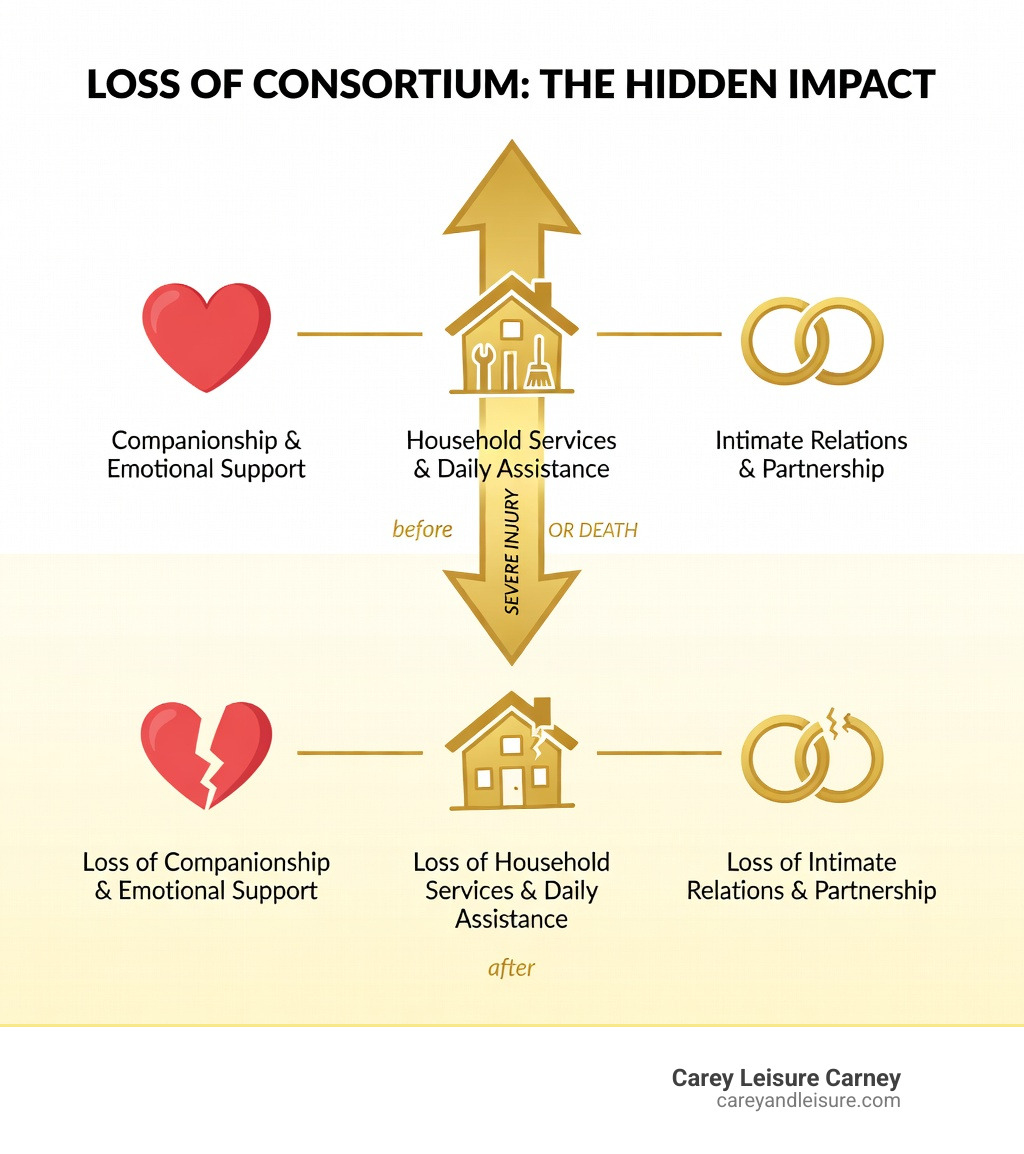 infographic showing the components of loss of consortium including companionship and emotional support on one side, household services and daily assistance in the middle, and intimate relations and partnership on the other side, with arrows showing how severe injury or death disrupts all three elements - loss of consortium infographic 