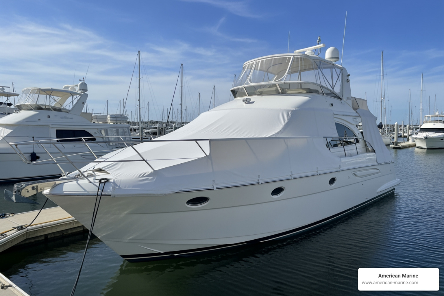 precision-fitted yacht cover on a 70ft motor yacht showing seamless integration with the radar arch and stanchions - canvas boat covers