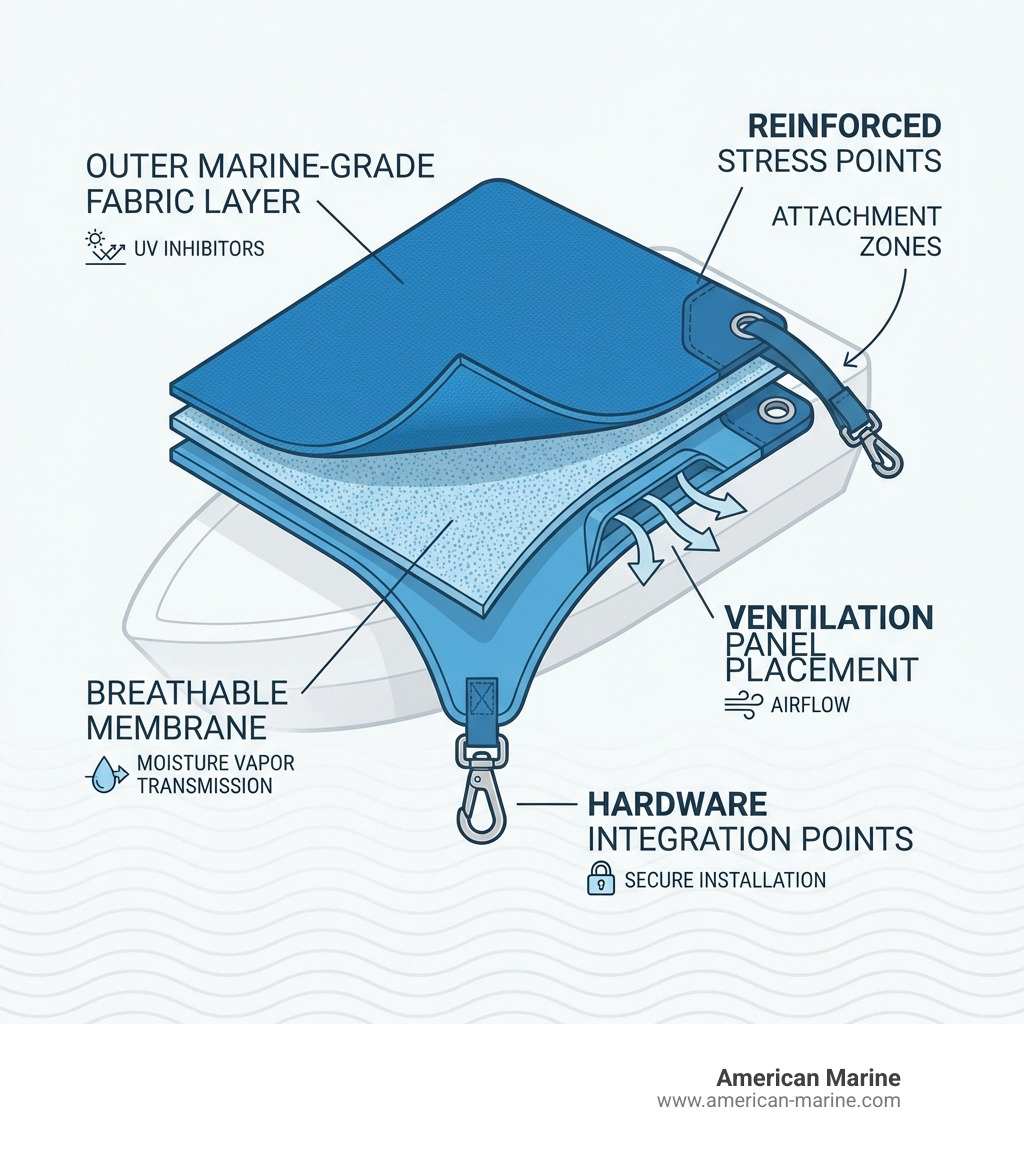 infographic showing canvas boat cover system layers: outer marine-grade fabric layer with UV inhibitors, breathable membrane for moisture vapor transmission, reinforced stress points at attachment zones, ventilation panel placement for airflow, and hardware integration points for secure installation - canvas boat covers infographic 