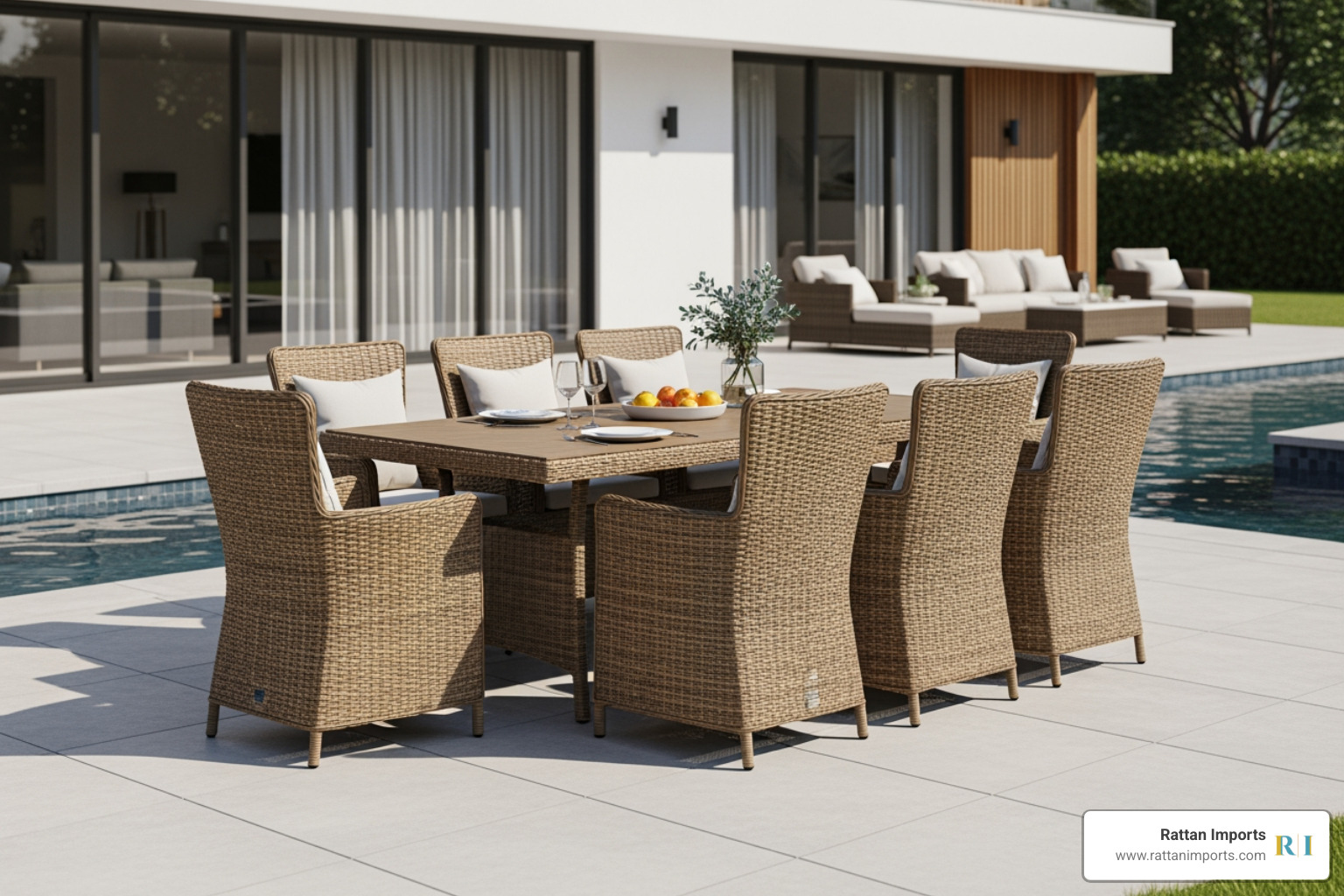 6-seater rattan dining set on a modern patio - set patio table