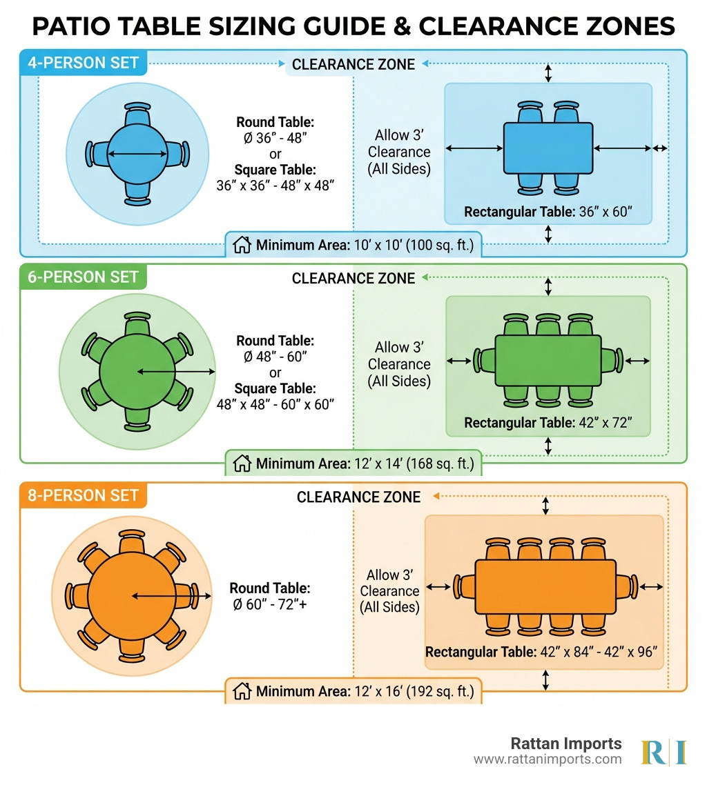 infographic showing patio table sizing guide with measurements for 4-person, 6-person, and 8-person sets, including clearance zones and table dimensions - set patio table infographic 