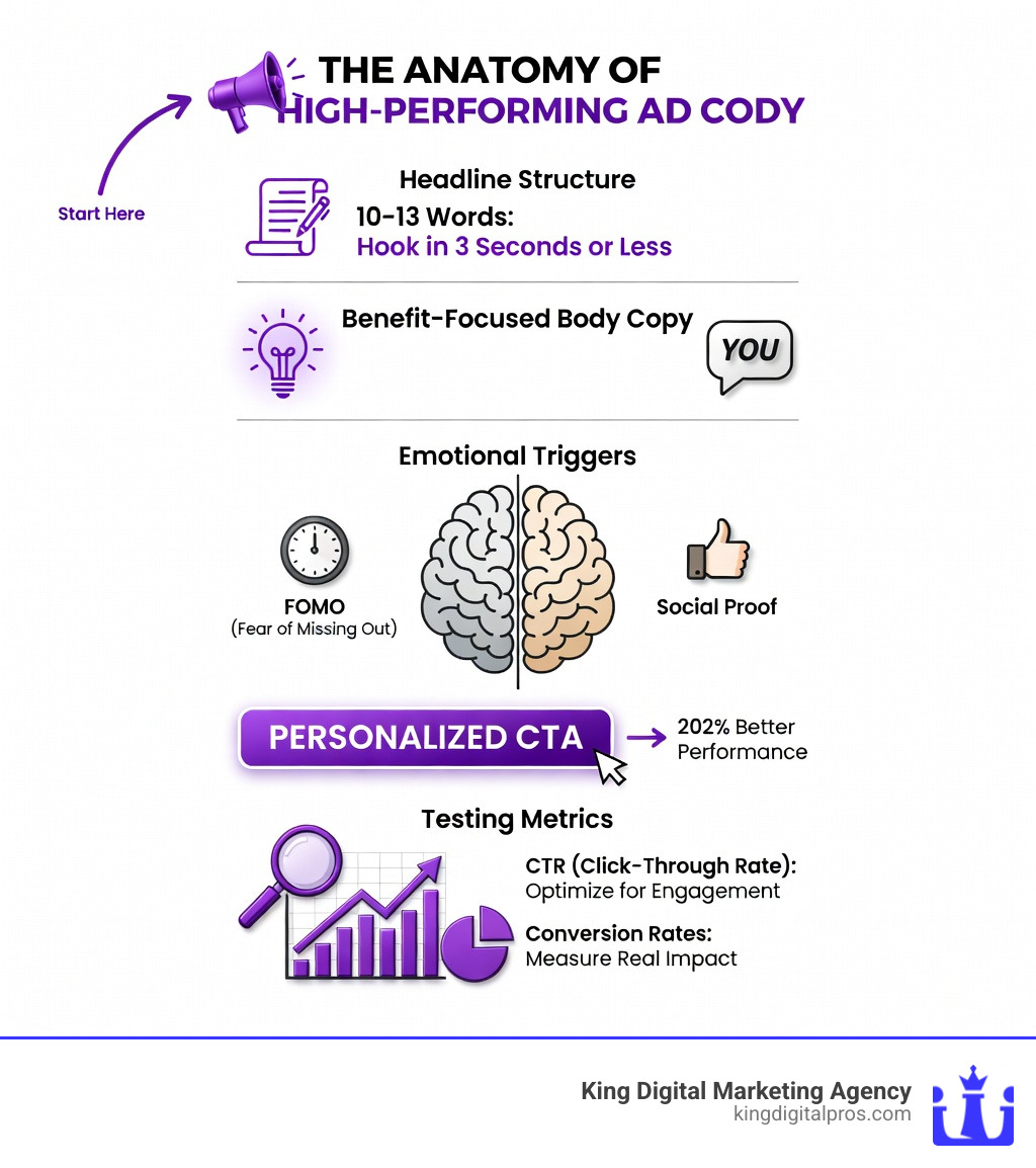 Infographic Showing The Anatomy Of High-Performing Ad Copy Including Headline Structure With 10-13 Words, Benefit-Focused Body Copy Using "You" Language, Emotional Triggers Like Fomo And Social Proof, Personalized Ctas That Perform 202% Better, And Testing Metrics Like Ctr And Conversion Rates - Ad Copy Writing Infographic 