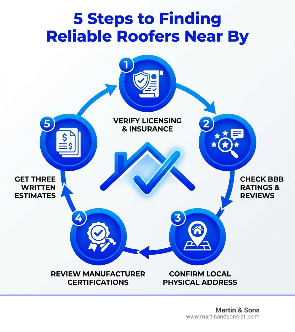 infographic showing 5 steps: 1. verify licensing and insurance, 2. check BBB ratings and reviews, 3. confirm local physical address, 4. review manufacturer certifications, 5. get three written estimates - roofers near by infographic infographic showing 5 steps: 1. verify licensing and insurance, 2. check BBB ratings and reviews, 3. confirm local physical address, 4. review manufacturer certifications, 5. get three written estimates - roofers near by infographic