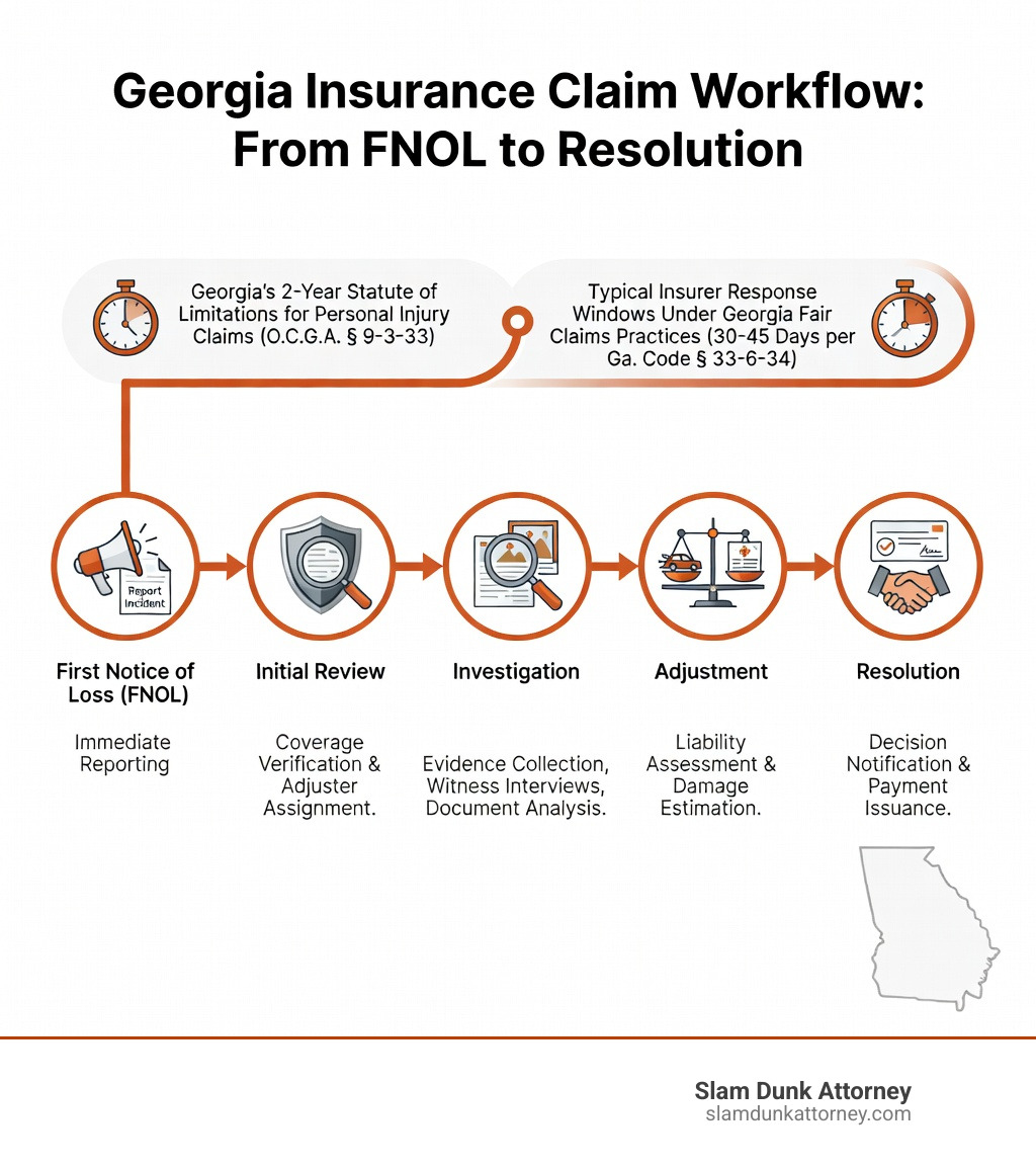 Infografía que muestra el flujo de trabajo de las reclamaciones de seguros en Georgia, desde la notificación inicial (FNOL) hasta la investigación, la liquidación y la resolución, con plazos clave que incluyen el plazo de prescripción de dos años de Georgia para reclamaciones por lesiones personales y los plazos de respuesta habituales de las aseguradoras según las prácticas justas de reclamaciones de Georgia: infografía sobre el proceso de tramitación de reclamaciones Infographic showing the Georgia insurance claim workflow from FNOL through investigation, adjustment, and resolution, with key timelines including Georgia's 2-year statute of limitations for personal injury claims and typical response windows for insurers under Georgia fair claims practices - claim handling process infographic