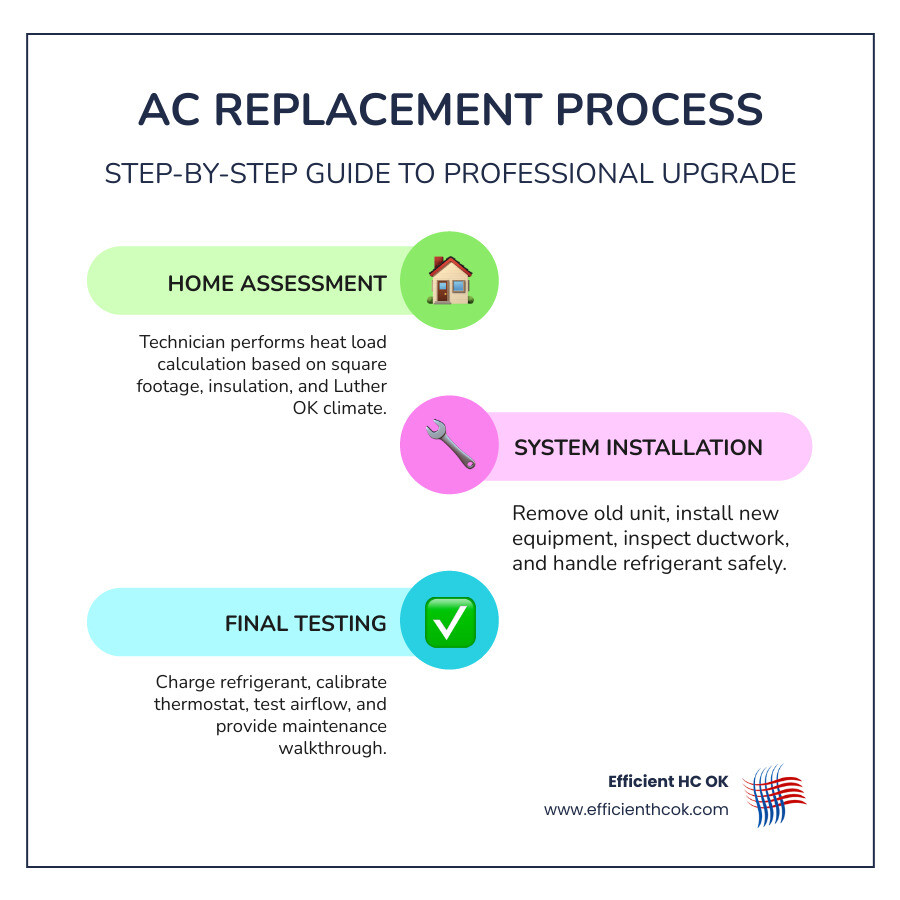infographic showing the complete AC replacement process from initial home assessment and load calculation through old system removal, new equipment installation, refrigerant charging, thermostat setup, airflow testing, and final homeowner walkthrough with maintenance schedule - ac installation & replacement in luther ok infographic infographic-line-3-steps-colors