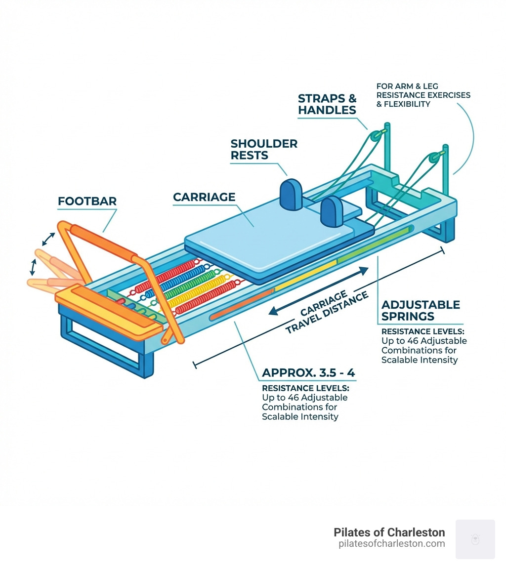 infographic showing reformer machine components including carriage, springs, footbar, shoulder rests, and straps with labels explaining resistance levels and carriage travel distance - pilates reformer studio infographic infographic showing reformer machine components including carriage, springs, footbar, shoulder rests, and straps with labels explaining resistance levels and carriage travel distance - pilates reformer studio infographic