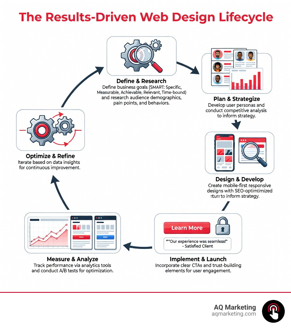 Infographic showing the results-driven web design lifecycle: starting with defining business goals and audience research, moving through strategic planning with user personas and competitive analysis, progressing to design and development with mobile-first responsive layouts and SEO structure, then implementation with clear CTAs and trust elements, followed by measurement using analytics and A/B testing, and finally continuous optimization based on data insights—all forming a circular process that repeats - results driven web design infographic Infographic showing the results-driven web design lifecycle: starting with defining business goals and audience research, moving through strategic planning with user personas and competitive analysis, progressing to design and development with mobile-first responsive layouts and SEO structure, then implementation with clear CTAs and trust elements, followed by measurement using analytics and A/B testing, and finally continuous optimization based on data insights—all forming a circular process that repeats - results driven web design infographic