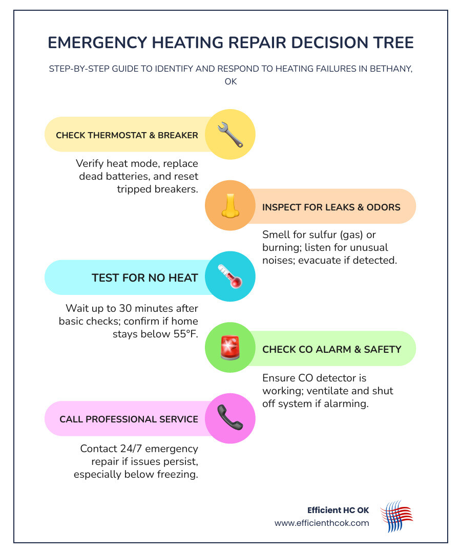 infographic showing emergency heating repair decision tree with steps: check thermostat and breaker, inspect for gas leaks or CO risks, call professional if no heat within 30 minutes, identify signs like strange noises or smells, and schedule same-day emergency service - emergency heating repairs in bethany ok infographic infographic-line-5-steps-colors