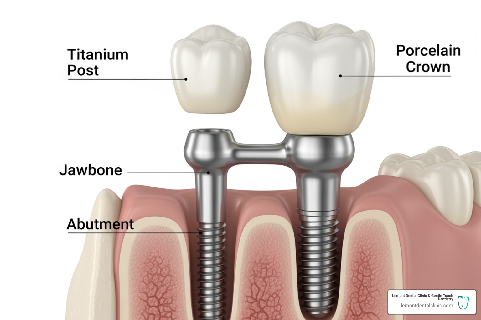 Structure of a dental implant showing the titanium post, the abutment, and the final porcelain crown - Missing tooth solution