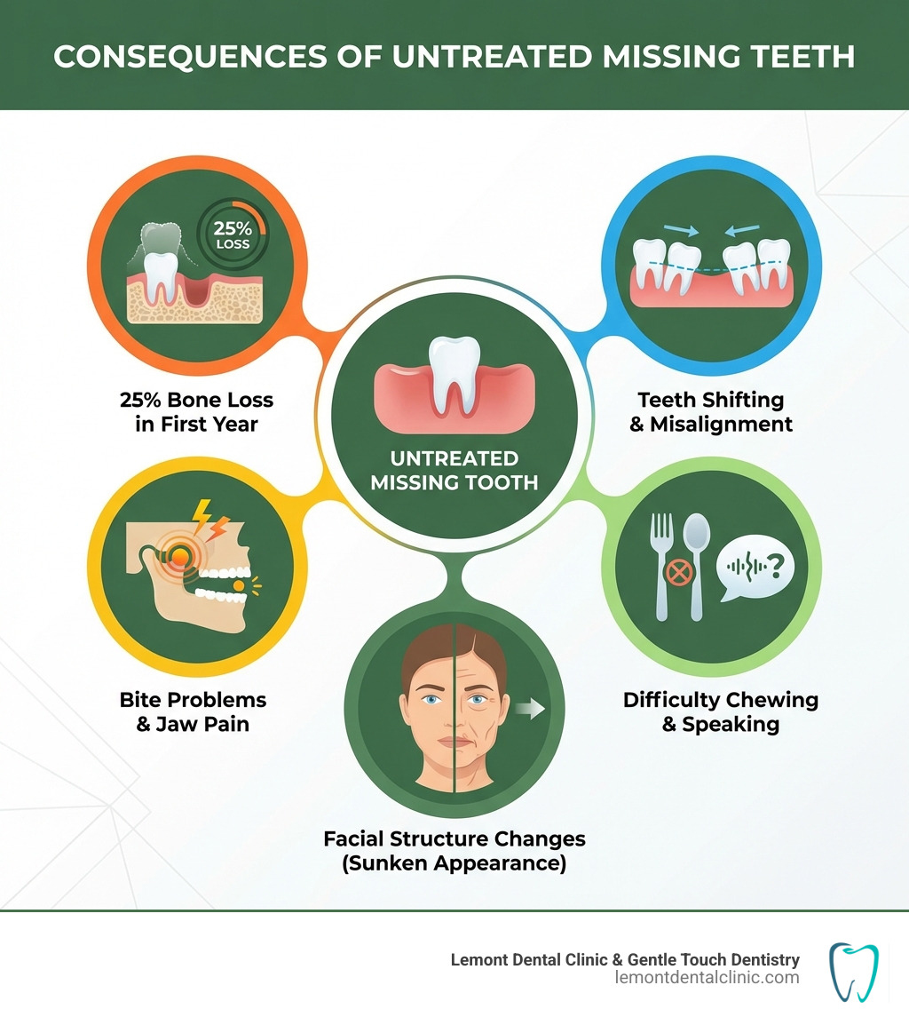 Infographic showing consequences of untreated missing teeth including 25% bone loss in first year, teeth shifting and misalignment, bite problems and jaw pain, difficulty chewing and speaking, and facial structure changes leading to sunken appearance - Missing tooth solution infographic 