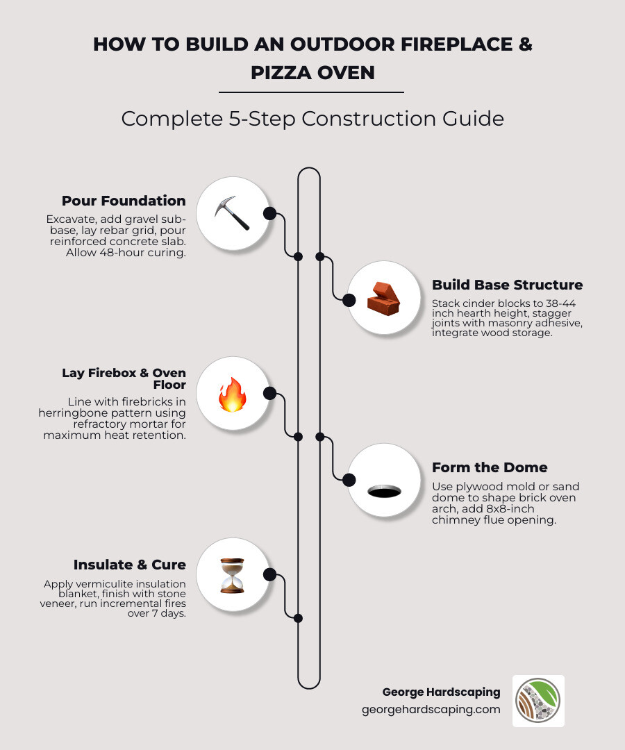 Infographic showing the construction phases of an outdoor fireplace and pizza oven: foundation with rebar grid, concrete block base with wood storage cavities, firebrick oven floor in herringbone pattern, dome construction using plywood mold, insulation layer with vermiculite, stone veneer finish, and curing schedule with temperature progression over 7 days - how to build an outdoor fireplace and pizza oven infographic infographic-line-5-steps-elegant_beige