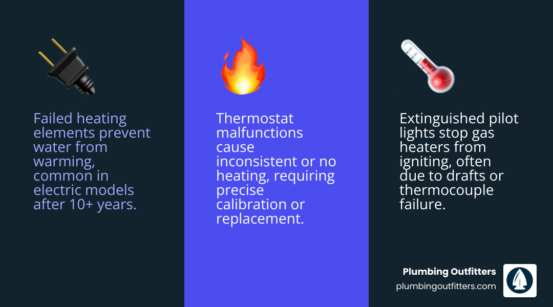 Infographic showing common causes of no hot water: failed heating elements, extinguished pilot lights, thermostat failure, sediment buildup, and age-related tank corrosion, with recommended action steps for each scenario - best no hot water repair in west lake hills, tx infographic 3_facts_emoji_blue Image illustrating common water heater issues: failed heating elements, thermostat malfunctions, and extinguished pilot lights, with text highlighting causes of no hot water and the need for professional plumbing services in West Lake Hills.