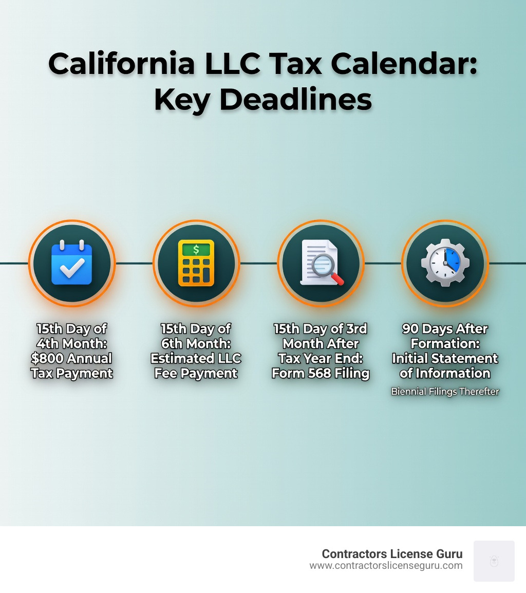 Infographic showing California LLC tax calendar with key deadlines: 15th day of 4th month for $800 annual tax payment, 15th day of 6th month for estimated LLC fee payment, 15th day of 3rd month after tax year end for Form 568 filing, 90 days after formation for initial Statement of Information, and biennial Statement of Information filings thereafter - California LLC tax requirements infographic 