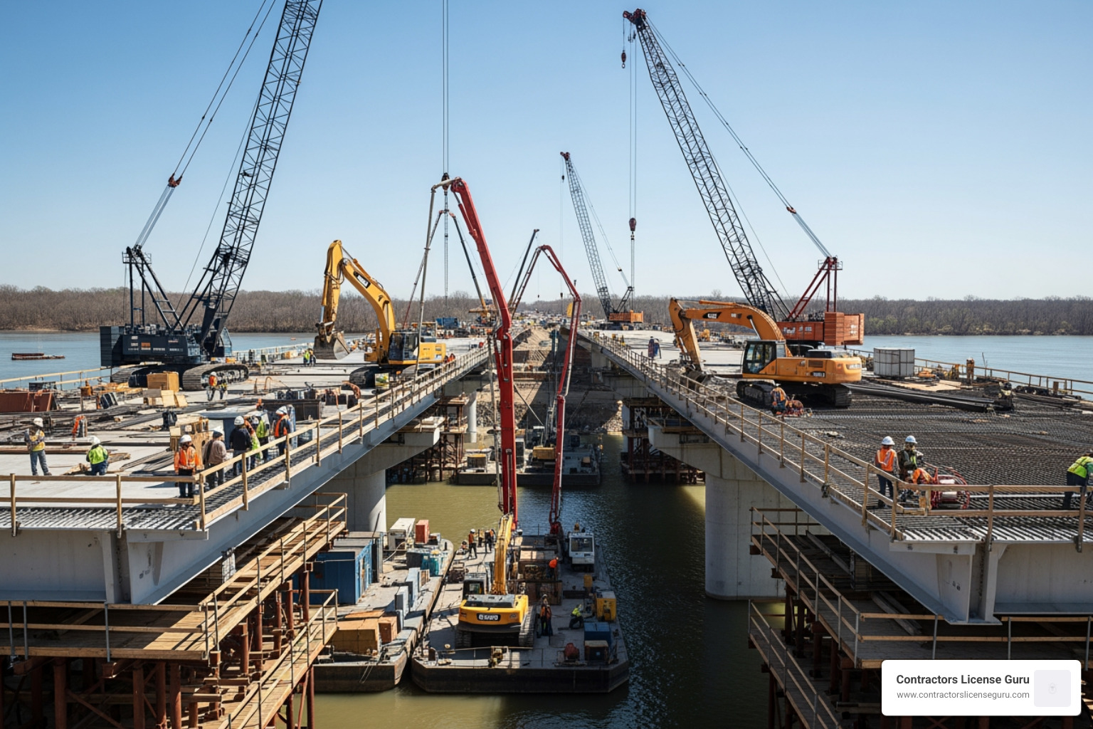 large-scale infrastructure project involving bridge construction and heavy machinery - types of contractor licenses in california
