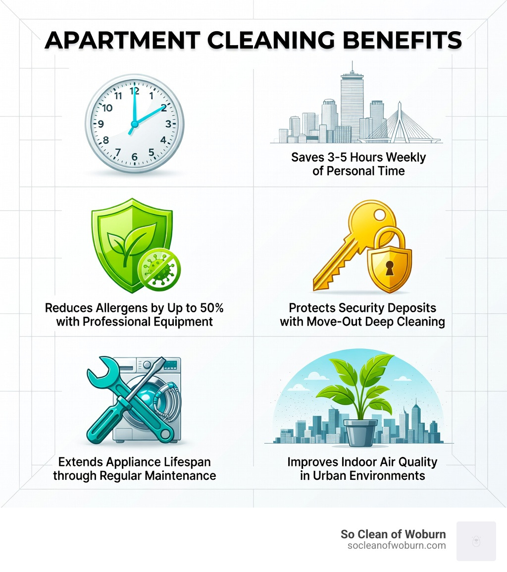 Infographic showing apartment cleaning benefits: 1) Saves 3-5 hours weekly of personal time, 2) Reduces allergens by up to 50% with professional equipment, 3) Protects security deposits with move-out deep cleaning, 4) Extends appliance lifespan through regular maintenance, 5) Improves indoor air quality in urban environments - apartment cleaning Boston MA infographic 