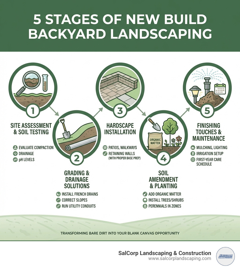 Infographic showing the 5 stages of new build backyard landscaping: Stage 1 - Site Assessment & Soil Testing (evaluate compaction, drainage, pH levels); Stage 2 - Grading & Drainage Solutions (install French drains, correct slopes, run utility conduits); Stage 3 - Hardscape Installation (patios, walkways, retaining walls with proper base prep); Stage 4 - Soil Amendment & Planting (add organic matter, install trees/shrubs/perennials in functional zones); Stage 5 - Finishing Touches & Maintenance (mulching, lighting, irrigation setup, first-year care schedule) - new build backyard landscaping infographic 