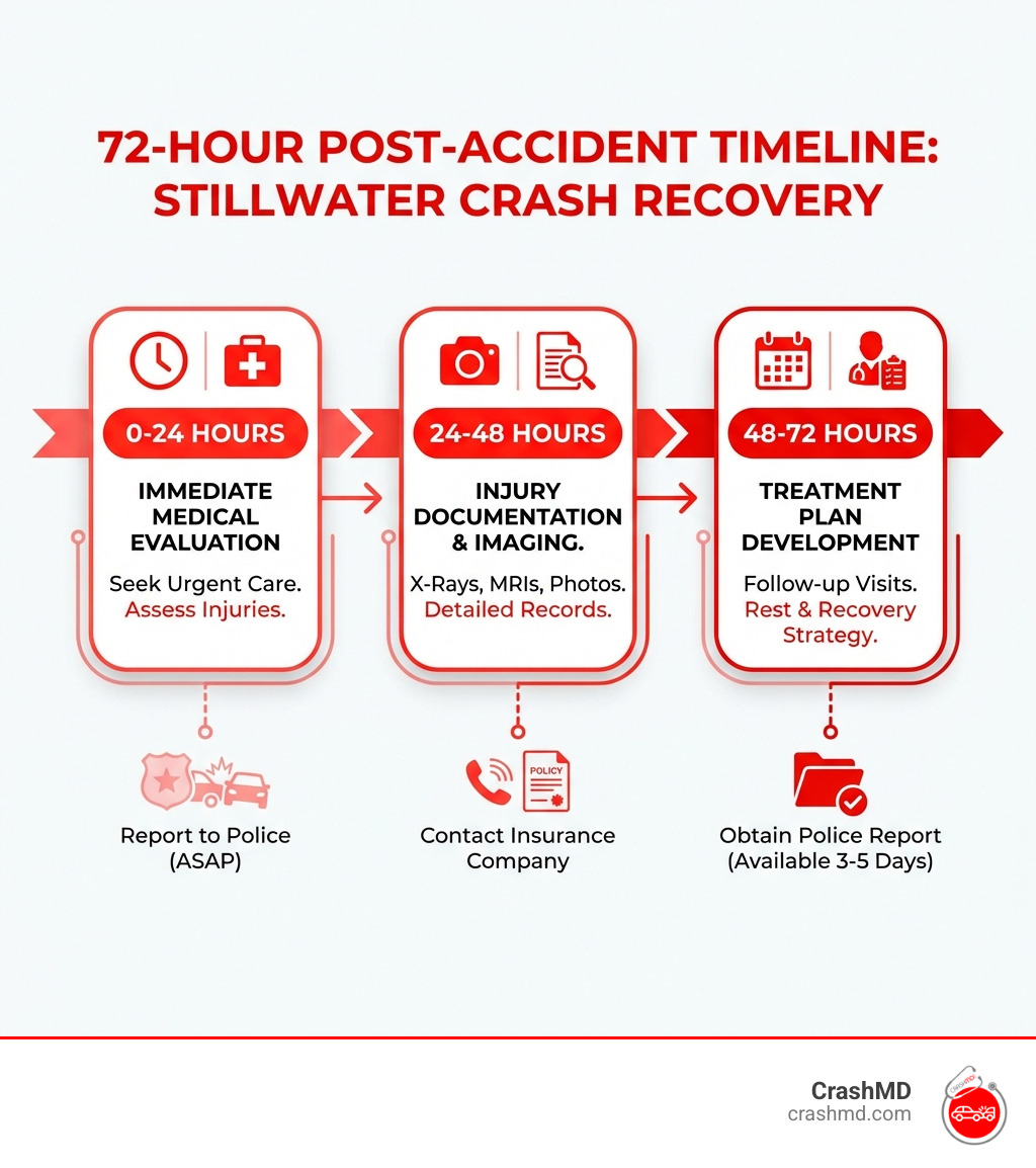 Infographic showing the 72-hour post-accident timeline including immediate medical evaluation within 24 hours, injury documentation and imaging within 48 hours, treatment plan development by 72 hours, and key steps for obtaining police reports and contacting insurance - stillwater car accident infographic 