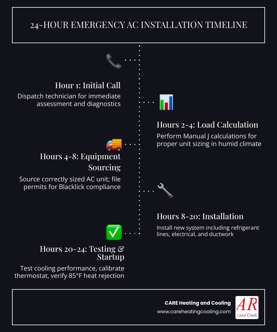Infographic showing emergency AC installation timeline: Hour 1 - Initial call and assessment, Hours 2-4 - Load calculation and system selection, Hours 4-8 - Equipment sourcing and permit filing, Hours 8-24 - Complete installation and testing, with notes about Blacklick's 85°F July highs and 68% humidity requiring immediate cooling restoration - 24 hour ac installation in blacklick, oh infographic infographic-line-5-steps-dark Infographic showing emergency AC installation timeline: Hour 1 - Initial call and assessment, Hours 2-4 - Load calculation and system selection, Hours 4-8 - Equipment sourcing and permit filing, Hours 8-24 - Complete installation and testing, with notes about Blacklick's 85°F July highs and 68% humidity requiring immediate cooling restoration - 24 hour ac installation in blacklick, oh infographic infographic-line-5-steps-dark