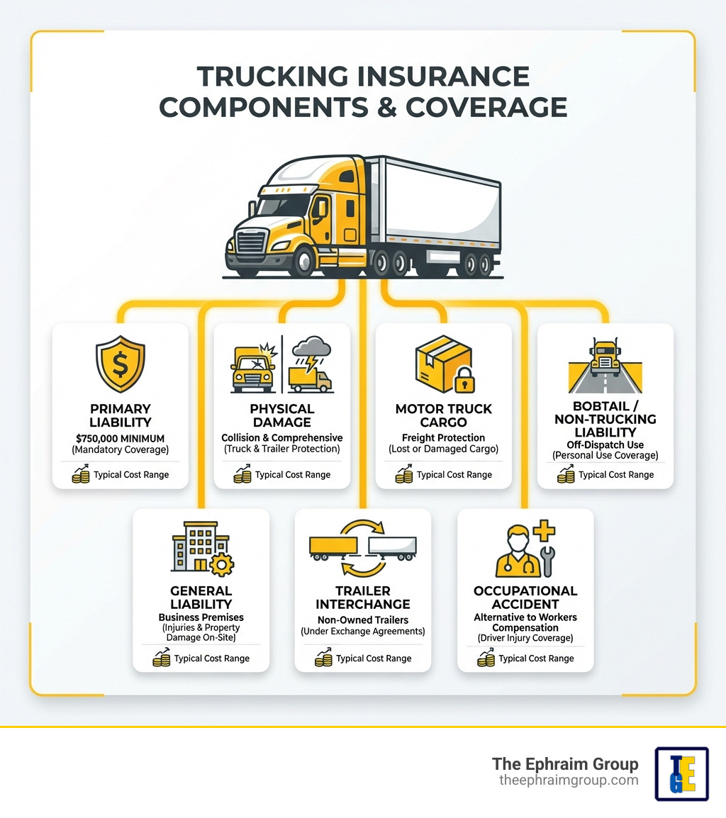Infographic showing the components of a trucking insurance policy including primary liability at $750,000 minimum, physical damage coverage for collision and comprehensive, motor truck cargo protection, bobtail and non-trucking liability for off-dispatch use, general liability for business premises, trailer interchange for non-owned trailers, and occupational accident as an alternative to workers compensation, with icons for each coverage type and typical cost ranges - trucking company insurance infographic 