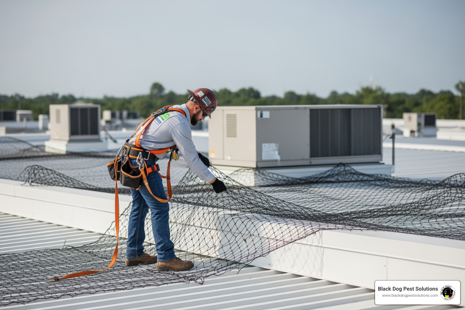 Professional technician installing bird exclusion netting on a commercial building roof to prevent nesting and property damage - commercial exterminator near me Professional technician installing bird exclusion netting on a commercial building roof to prevent nesting and property damage - commercial exterminator near me