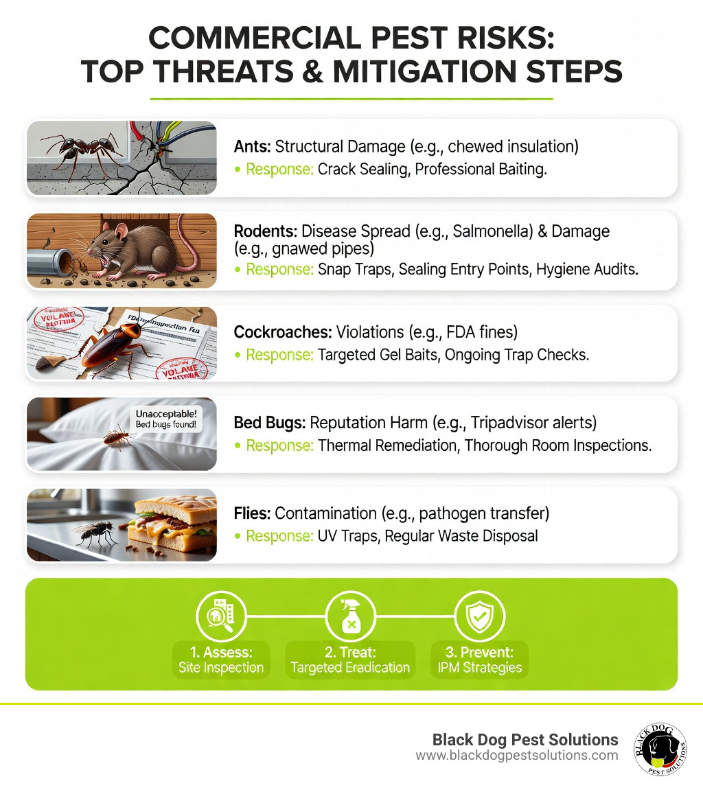 Infographic showing top pest risks to commercial businesses: ants causing property damage, rodents spreading disease and causing structural damage, cockroaches triggering health code violations, bed bugs harming hospitality reputation, and flies contaminating food service areas — with recommended response steps for each - commercial exterminator near me infographic Infographic showing top pest risks to commercial businesses: ants causing property damage, rodents spreading disease and causing structural damage, cockroaches triggering health code violations, bed bugs harming hospitality reputation, and flies contaminating food service areas — with recommended response steps for each - commercial exterminator near me infographic