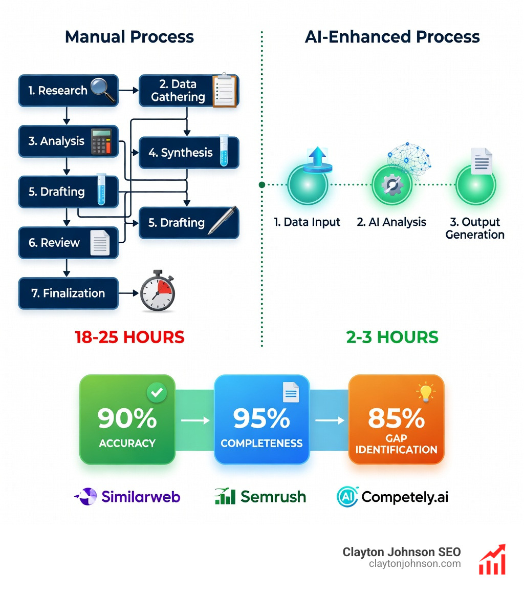 Infographic comparing manual vs AI-enhanced competitive benchmarking: Manual (18-25 hours, 7 steps) vs AI-Enhanced (2-3 hours, 3 steps). Highlights 90% accuracy, 95% report completeness, and 85% gap identification rate using tools like Similarweb and Semrush. - AI competitive analysis tools infographic 
