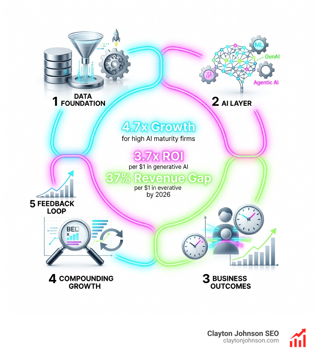AI growth flywheel infographic showing five interconnected stages: (1) Data Foundation — clean, unified data inputs from sales, marketing, and operations; (2) AI Layer — machine learning, generative AI, and agentic AI processing that data; (3) Business Outcomes — efficiency gains, personalization, and revenue expansion; (4) Feedback Loop — AI learns from outcomes to improve predictions; (5) Compounding Growth — each cycle produces faster, higher-return results, with stat callouts: 4.7x growth for high AI maturity firms, 3.7x ROI per $1 in generative AI, 37% revenue outperformance gap - AI for business growth infographic AI growth flywheel infographic showing five interconnected stages: (1) Data Foundation — clean, unified data inputs from sales, marketing, and operations; (2) AI Layer — machine learning, generative AI, and agentic AI processing that data; (3) Business Outcomes — efficiency gains, personalization, and revenue expansion; (4) Feedback Loop — AI learns from outcomes to improve predictions; (5) Compounding Growth — each cycle produces faster, higher-return results, with stat callouts: 4.7x growth for high AI maturity firms, 3.7x ROI per $1 in generative AI, 37% revenue outperformance gap - AI for business growth infographic