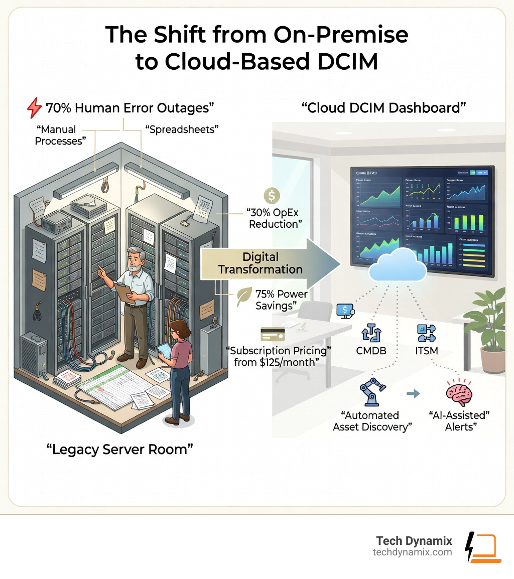 Infographic showing the shift from on-premise to cloud-based DCIM: left side shows legacy server room with manual processes, spreadsheets, and reactive alerts causing 70% human error outages; right side shows cloud DCIM dashboard with real-time monitoring, AI-assisted alerts, automated asset discovery, and integrations with CMDB and ITSM tools; center arrow labeled Digital Transformation with benefits including 30% OpEx reduction, 75% power savings, and subscription pricing from $125/month - cloud based dcim infographic 