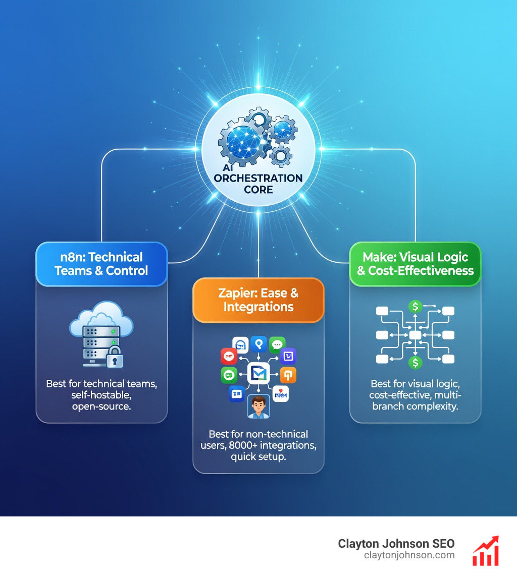 Comparison table: n8n vs Zapier vs Make. n8n: Best for technical teams, self-hostable, open-source. Zapier: Best for non-technical users, 8000+ integrations, quick setup. Make: Best for visual logic, cost-effective, multi-branch complexity. - AI workflow automation services infographic 