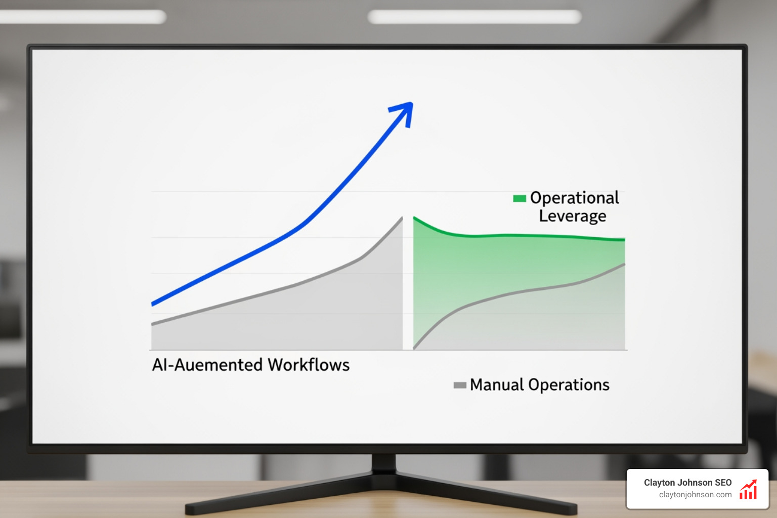 Productivity growth chart showing a sharp upward curve labeled 'AI-Augmented Workflows' vs a slow, linear line labeled 'Manual Operations'; the gap between the two represents 'Operational Leverage' - AI workflow automation services