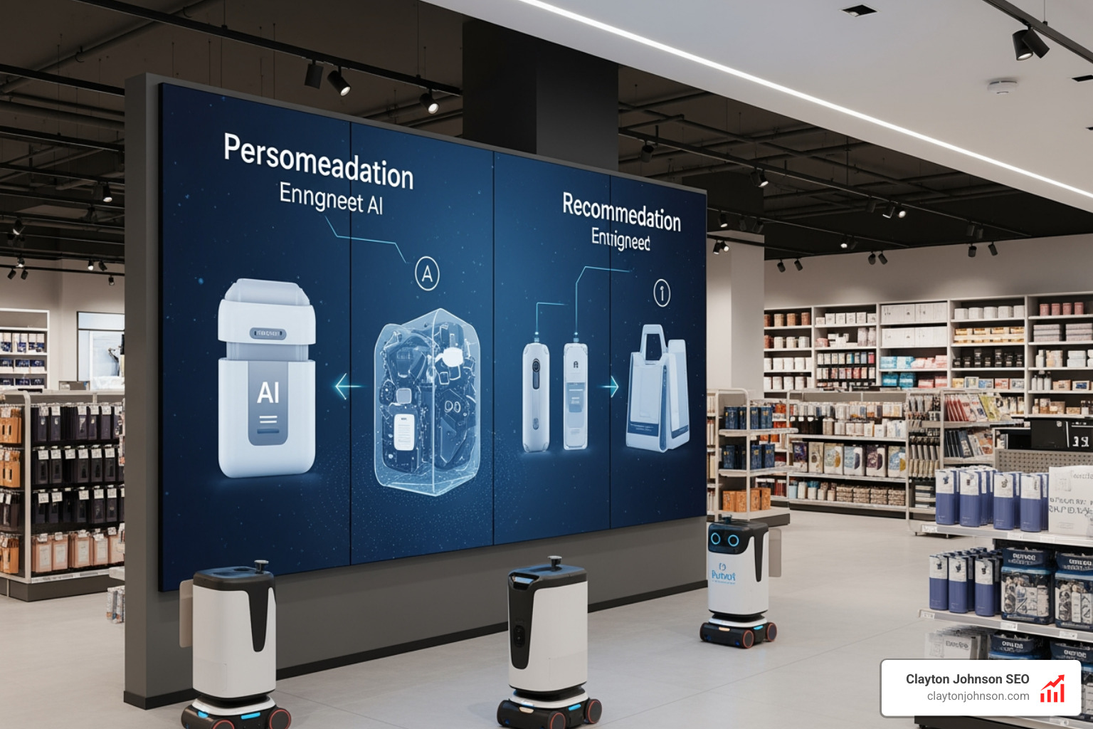 AI in a retail environment showing personalized digital signage and inventory robots - AI for business growth AI in a retail environment showing personalized digital signage and inventory robots - AI for business growth
