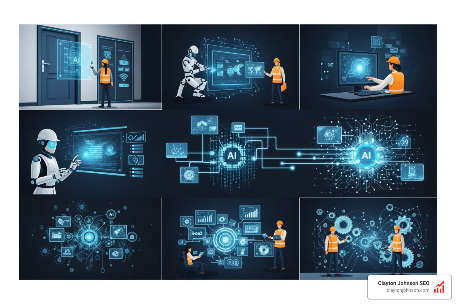 Graphic of a contractor onboarding workflow: 1. New hire signs contract (Trigger), 2. AI extracts name and role (NLP), 3. AI provisions Slack/Salesforce access (RPA), 4. AI sends personalized welcome packet (LLM), 5. Manager receives confirmation (Notification) - AI workflow automation services