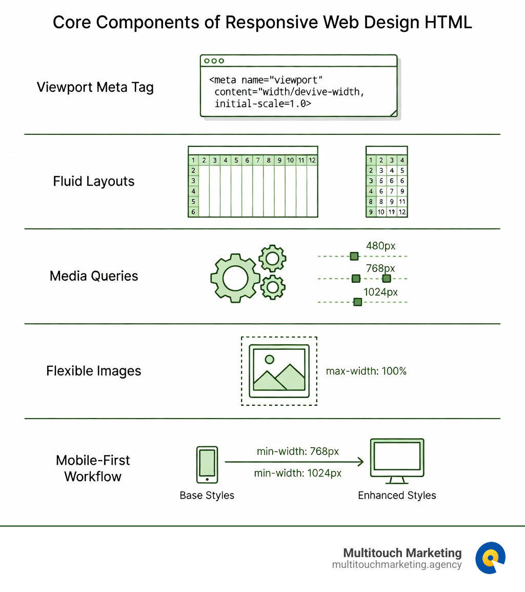 Infographic showing the five core components of responsive web design HTML: (1) Viewport meta tag with code example width=device-width, (2) Fluid layouts using Flexbox and CSS Grid shown as a 12-column grid collapsing from desktop to mobile, (3) Media queries with breakpoint markers at 480px 768px and 1024px, (4) Flexible images with max-width 100% scaling diagram, (5) Mobile-first workflow arrow showing small screen base styles expanding to larger screens - responsive web design html infographic Infographic showing the five core components of responsive web design HTML: (1) Viewport meta tag with code example width=device-width, (2) Fluid layouts using Flexbox and CSS Grid shown as a 12-column grid collapsing from desktop to mobile, (3) Media queries with breakpoint markers at 480px 768px and 1024px, (4) Flexible images with max-width 100% scaling diagram, (5) Mobile-first workflow arrow showing small screen base styles expanding to larger screens - responsive web design html infographic
