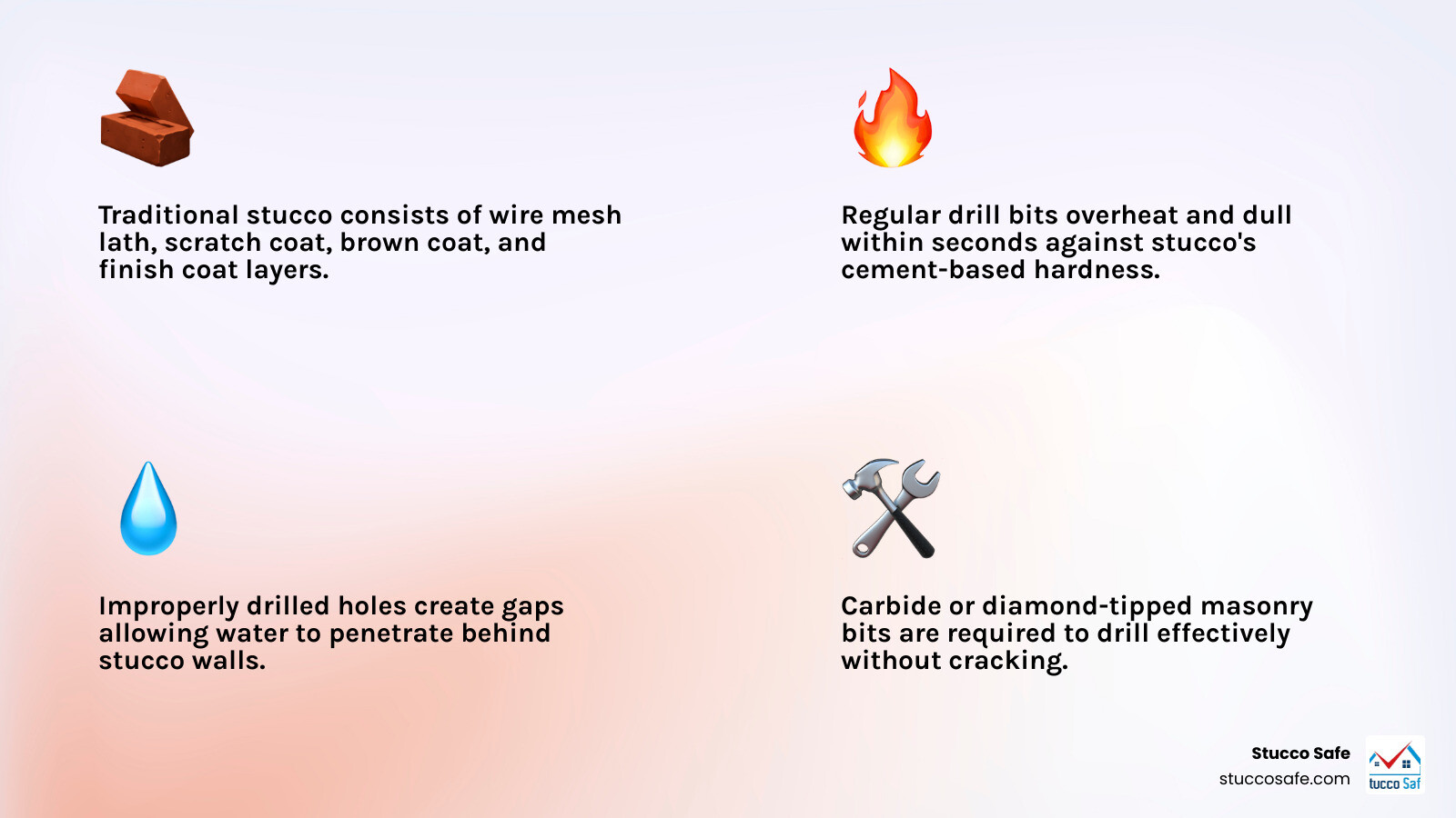 Infographic showing a side-by-side comparison of traditional stucco layers (wire mesh lath, scratch coat, brown coat, finish coat) versus synthetic EIFS layers (sheathing, foam insulation, fiberglass mesh, acrylic finish coat), with callouts indicating where drill bits encounter resistance and where moisture can enter if holes are improperly sealed - can you drill into stucco with regular drill bit infographic 4_facts_emoji_light-gradient Infographic showing a side-by-side comparison of traditional stucco layers (wire mesh lath, scratch coat, brown coat, finish coat) versus synthetic EIFS layers (sheathing, foam insulation, fiberglass mesh, acrylic finish coat), with callouts indicating where drill bits encounter resistance and where moisture can enter if holes are improperly sealed - can you drill into stucco with regular drill bit infographic 4_facts_emoji_light-gradient