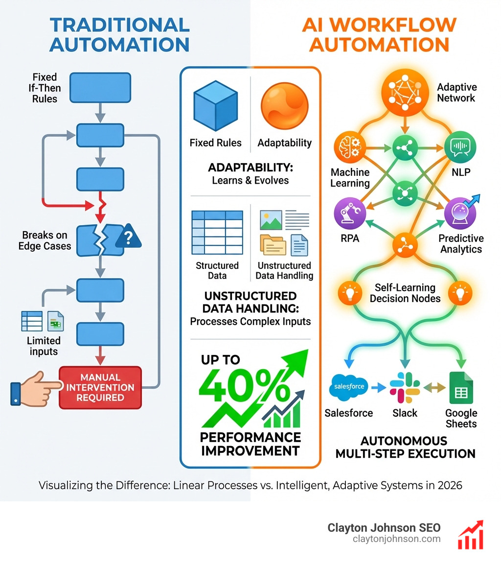 Infographic comparing AI workflow automation vs traditional workflow automation: left side shows traditional automation as a linear flowchart with fixed if-then rules, breaks on edge cases, and manual intervention required; right side shows AI workflow automation as an adaptive network with machine learning, NLP, RPA, and predictive analytics layers, self-learning decision nodes, and autonomous multi-step execution across connected apps like Salesforce, Slack, and Google Sheets; center highlights key differences: adaptability, unstructured data handling, and performance improvement of up to 40% - AI workflow automation services infographic 
