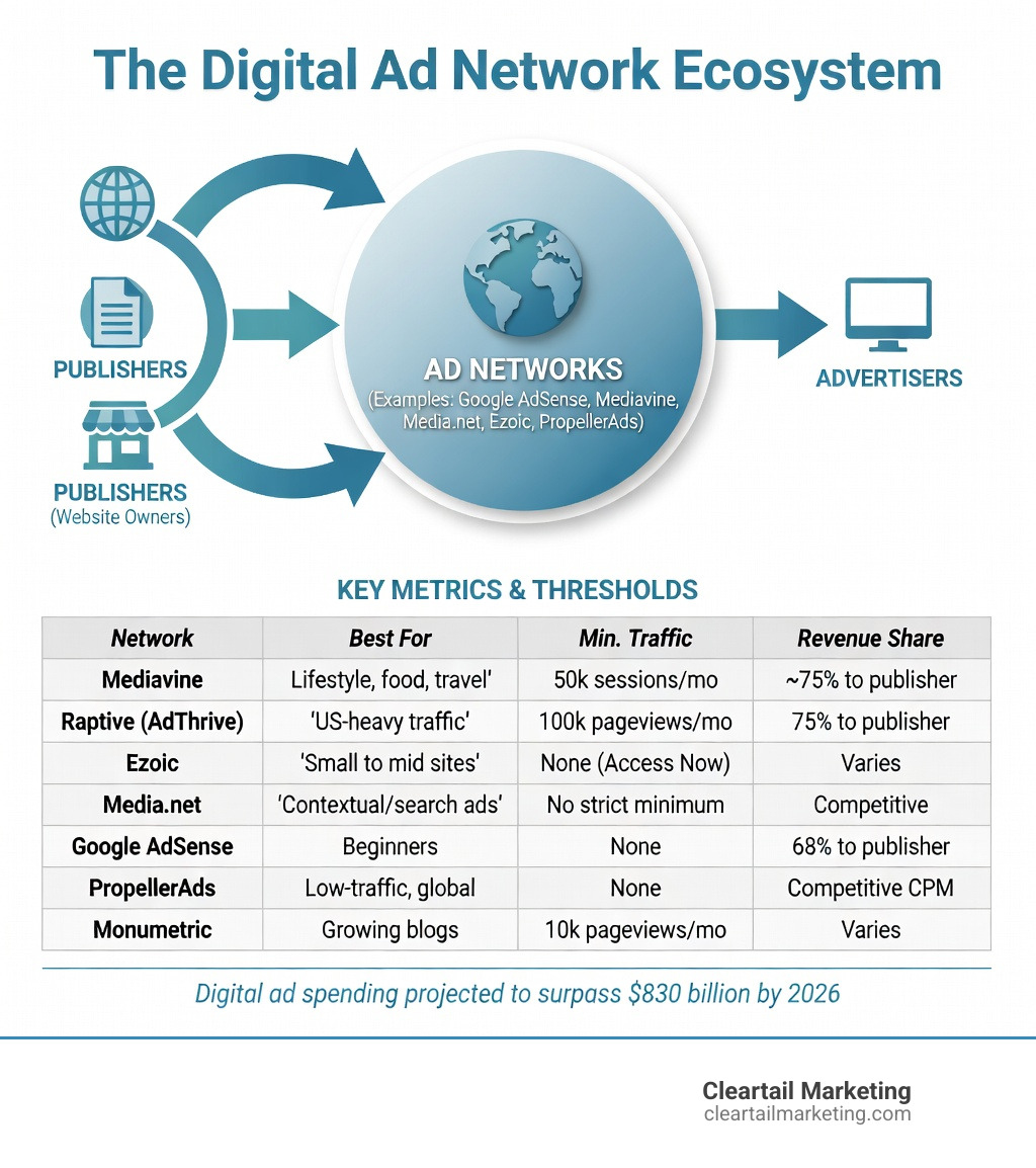 Infographic showing the digital ad network ecosystem: publishers connect to ad networks (Google AdSense, Mediavine, Media.net, Ezoic, PropellerAds) which connect to advertisers; arrows show flow of ad inventory and revenue share percentages back to publishers; key metrics shown include CPM, CPC, eCPM, and minimum traffic thresholds for each network - best paying website ads infographic Infographic showing the digital ad network ecosystem: publishers connect to ad networks (Google AdSense, Mediavine, Media.net, Ezoic, PropellerAds) which connect to advertisers; arrows show flow of ad inventory and revenue share percentages back to publishers; key metrics shown include CPM, CPC, eCPM, and minimum traffic thresholds for each network - best paying website ads infographic