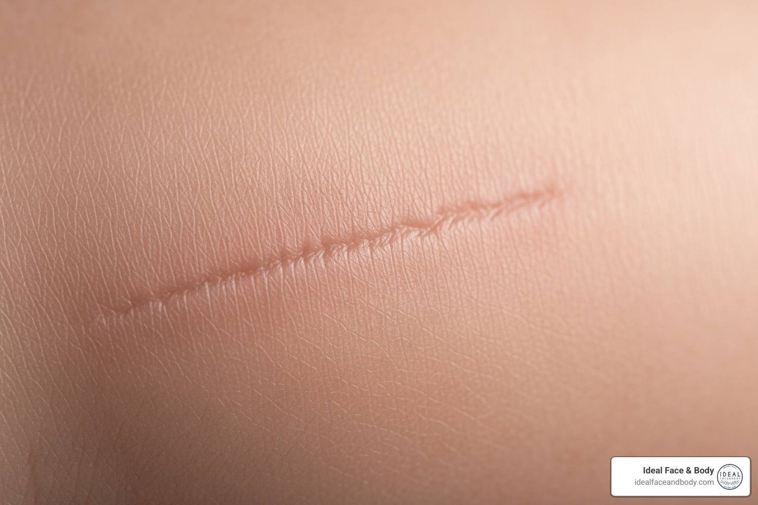 A close-up of a matured, faint linear surgical scar on the skin - tattoo excision before and after A close-up of a matured, faint linear surgical scar on the skin - tattoo excision before and after