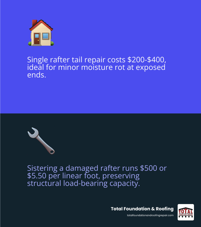 Infographic showing roof rafter repair cost ranges by repair type: single rafter tail $200-$400, multiple rafter tail repair $300-$3,000, sistering a rafter $500 or $5.50 per linear foot, full eave/rafter tail repair $650-$4,000, soffit and fascia repair $600-$6,000, with icons for each repair type and a note that costs vary by damage severity, accessibility, materials, and local labor rates - roof rafter repair cost infographic 2_facts_emoji_blue