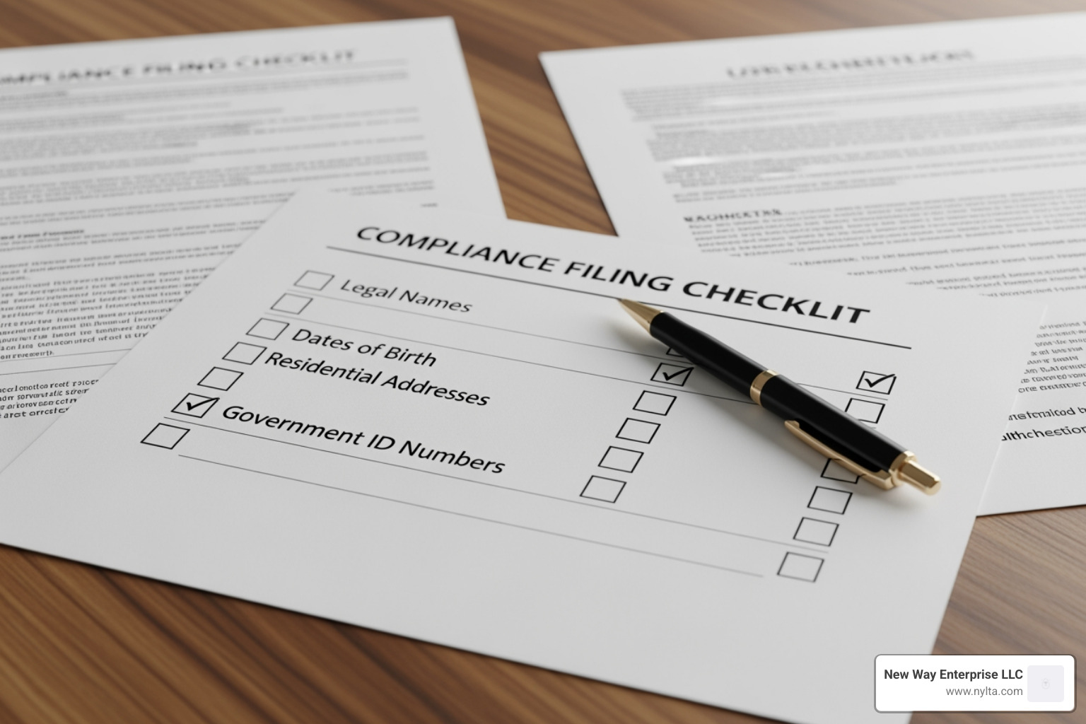 Compliance filing checklist including: legal names, DOBs, residential addresses, and government ID numbers - new york boi deadline