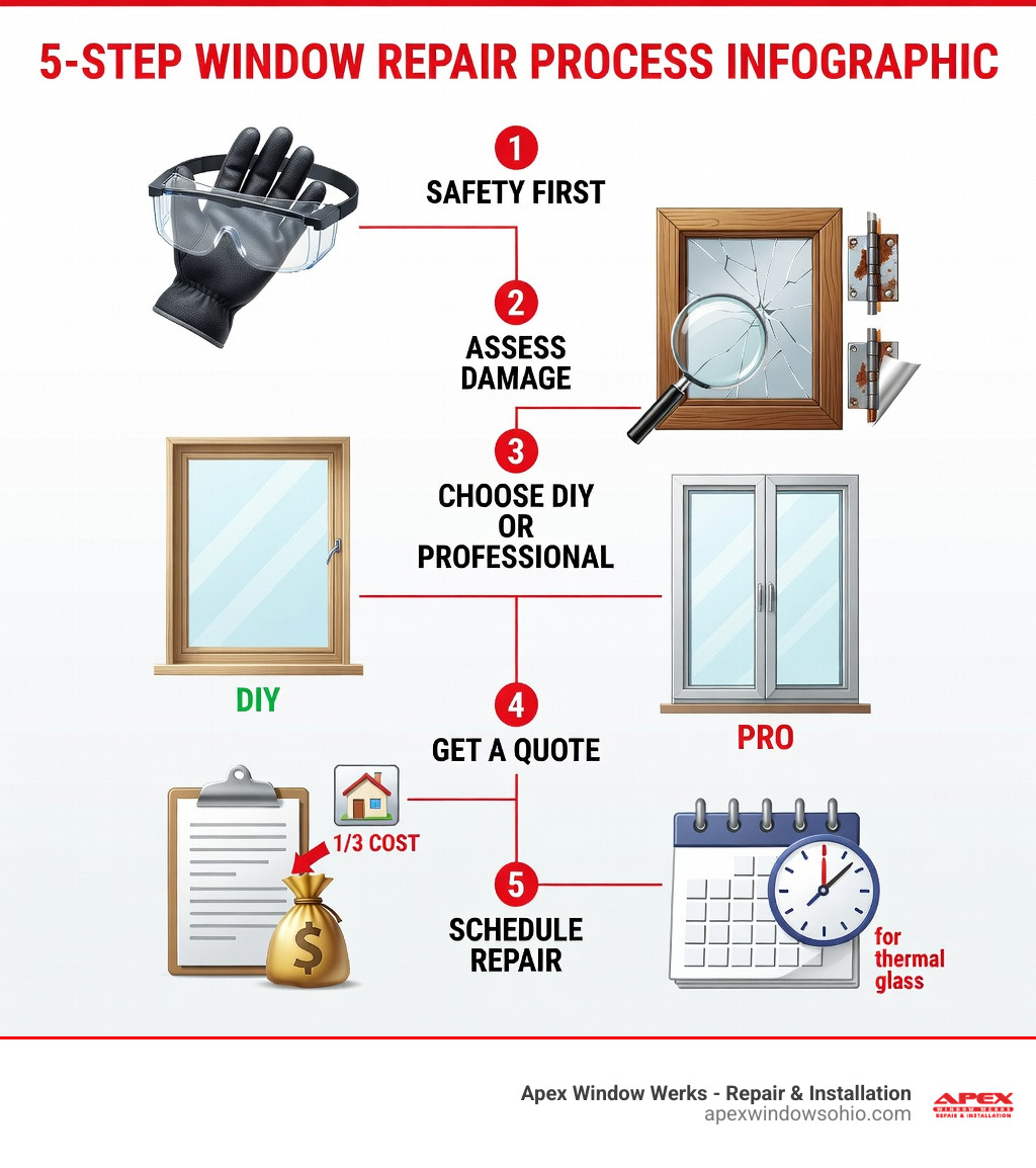 5-step window repair process infographic: Step 1 - Safety first (gloves and goggles), Step 2 - Assess damage (glass, frame, hardware, seals), Step 3 - Choose DIY or professional (single-pane DIY-friendly, double-pane needs pro), Step 4 - Get a quote (repairs typically cost 1/3 of full replacement), Step 5 - Schedule repair (5-7 business days for thermal glass manufacturing and installation) - getting a window fixed infographic 